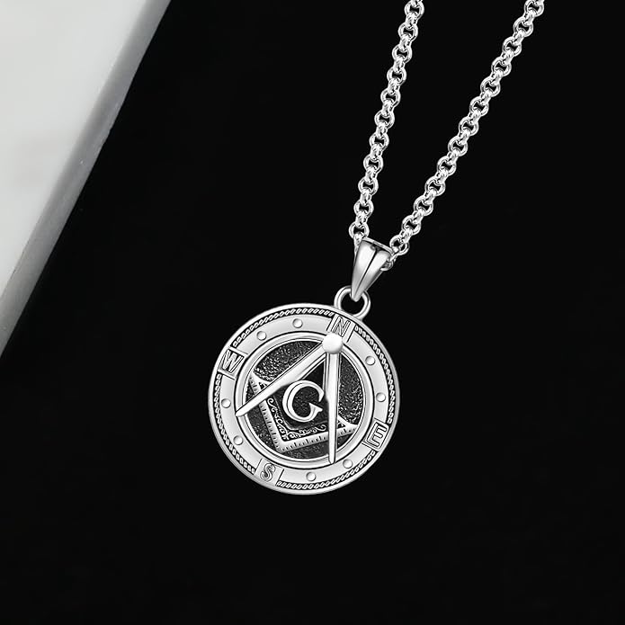 LES OSEWA Compass Necklace for Men Sterling Silver Compass Pendant Masonic Viking Necklace Travel Amulet Necklace Inspirational Graduation Jewelry Gifts for Women