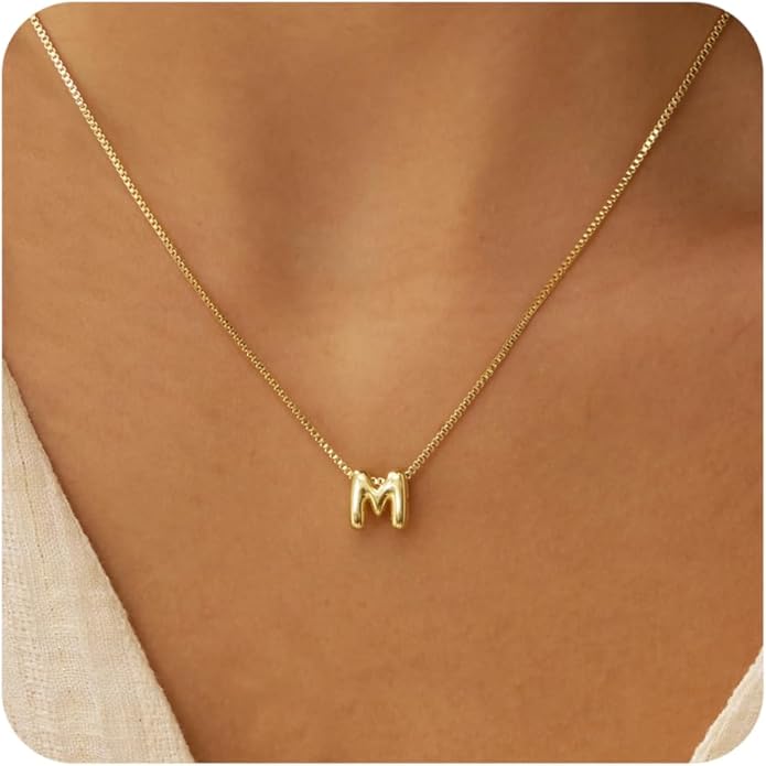 Bubble Gold Letter Necklace for Women, 14k Gold Plated Balloon Initial Necklace, Dainty Gold Necklace for Women, Personalized Bubble Pendant Name Necklace, Fashion Accessories Trendy Jewelry