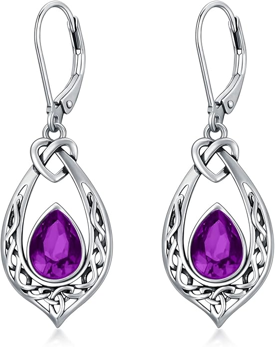 Celtic Knot Dangle Earrings 925 Sterling Silver Oxidized Vintage Drop Leverback Earrings with 8 * 6mm Simulated Birthstone Crystal Christmas Jewelry Gifts for Women (Gift Box)