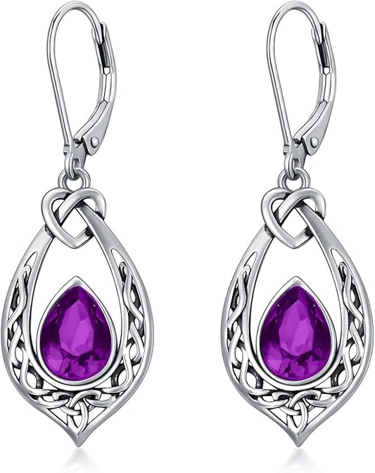 Celtic Knot Dangle Earrings 925 Sterling Silver Oxidized Vintage Drop Leverback Earrings with 8 * 6mm Simulated Birthstone Crystal Christmas Jewelry Gifts for Women (Gift Box)