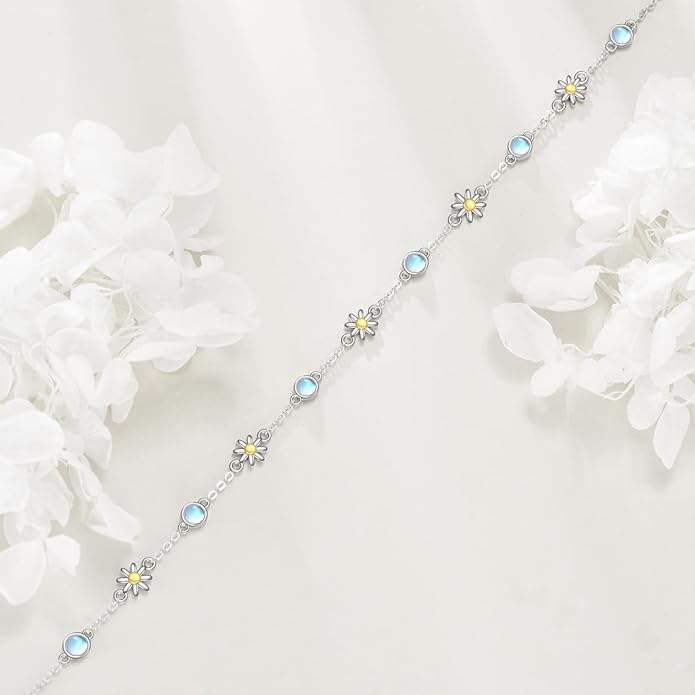 CRMAD 925 Sterling Silver Daisy/Sunflower Moonstone Anklet Daisy Flower Ankle Bracelet for Women Beach Dainty Jewelry