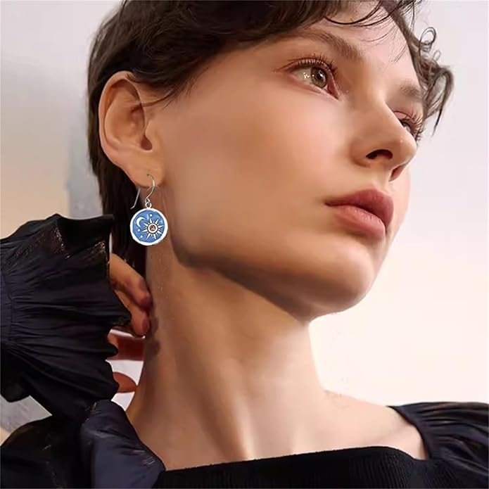 MALOYANVE Vintage Sun and Moon Drop Dangle Earrings for Women Unique lightweight Handmade Retro Boho Antiqued Gold Silver Round Coin Earrings for Women Jewelry