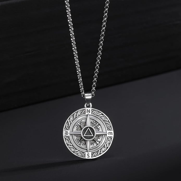 LES OSEWA Compass Necklace for Men Sterling Silver Compass Pendant Masonic Viking Necklace Travel Amulet Necklace Inspirational Graduation Jewelry Gifts for Women