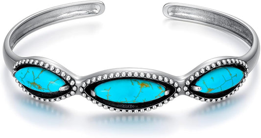 Genuine 3 Turquoise Stones Boho Bracelet, Sterling Silver Adjustable Bangle Cuff Native American Gemstones Jewelry, Fit for 6.5 7 7.5 Inches