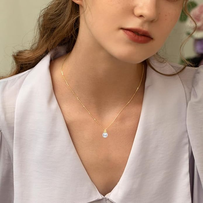 14k Gold Diamond Pearl Necklace for Women, 14kt Gold Jewelry Present for Wife, Birthday Gifts for Her, 16-18 Inch