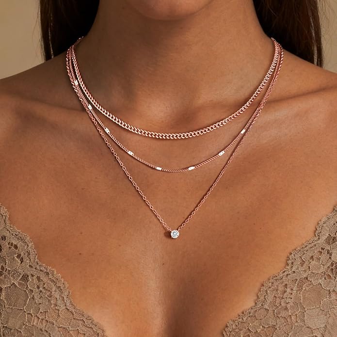 WomenGifts Layered Gold Necklaces for Women, 14K Gold Sterling Silver Plated Dainty Pendant Necklace Set with Cubic Zirconia Circle, Chunky Stackable Cuban Chain Choker, Trendy Personalized Birthstone Jewelry Gift Non Tarnish