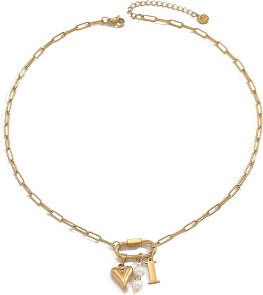 Gold Heart Initial Necklaces for Women 18K Gold Plated Dainty Pearl Letter Necklace Personalized Monogram Name A-Z Pendant Everyday Jewelry for Women