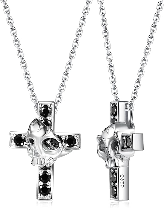 CYW Moissanite Skull Cross/Spider/Raven Necklace for Men Women, Intriguing Design, Really Authentic Solid 925 Sterling Silver with Rhodium Finish, 16"/18"/20" Adjustable, Halloween Jewelry
