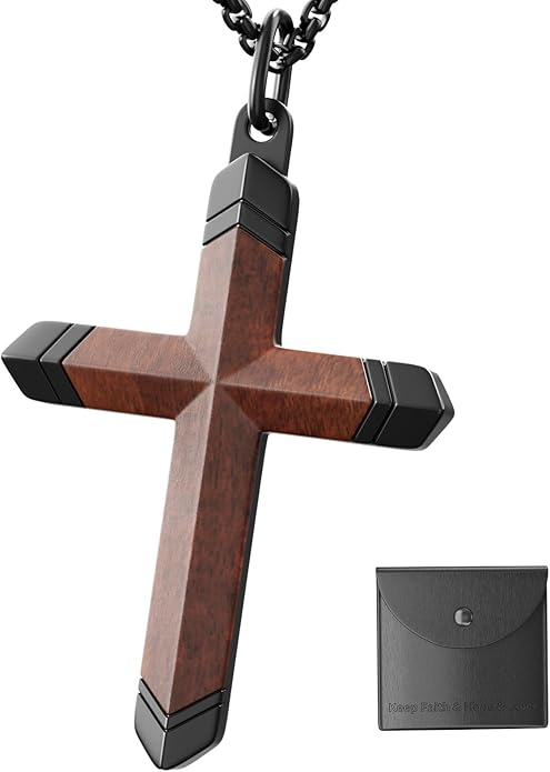 OOTDSE Wooden Cross Necklace for Men and Women 304L Stainless Steel Durable Snag-Free Box Chain with Reinforced Clasp Christian Gift for Dad/Son/Husband/Loves/Friends on Easter/Birthday/Father's Day