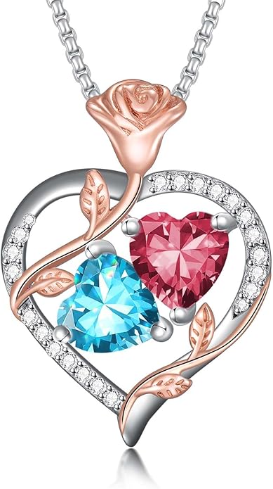 Christmas Gifts for Women Rose Heart Birthstone Pendant Necklace I Love You Forever Jewelry Valentine Mothers Day Birthday Gifts for Women Her Wife Girlfriend