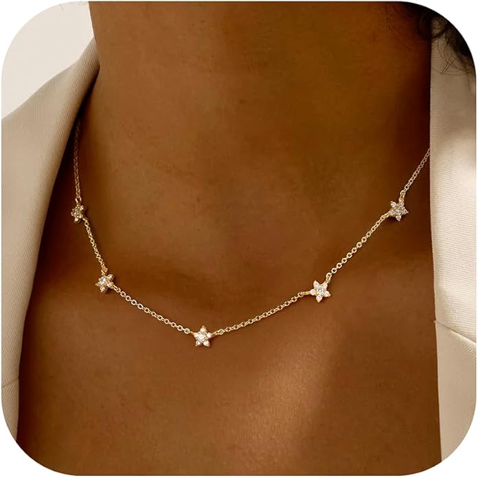 M MOOHAM Gold Clover Heart Pearl Butterfly Star flower Choker Necklace for Women - Dainty 14K Gold Plated Cubic Zirconia Cute Station Necklaces for Women Trendy Prom Jewelry Gifts