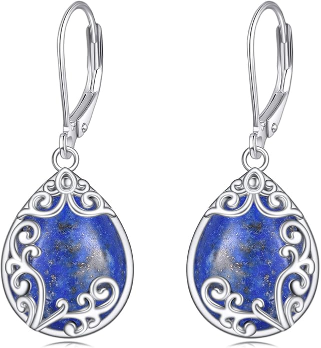Filigree Earrings Sterling Silver Teardrop Moonstone Moss Agate Lapis Lazuli Larimar Emerald Peridot Opal Dangle Dangly Drop Leverback Earrings Boho Jewelry Gifts for Women