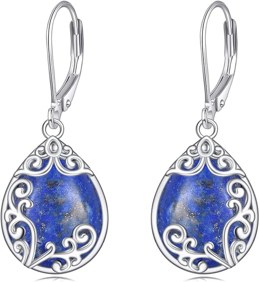 Filigree Earrings Sterling Silver Teardrop Moonstone Moss Agate Lapis Lazuli Larimar Emerald Peridot Opal Dangle Dangly Drop Leverback Earrings Boho Jewelry Gifts for Women