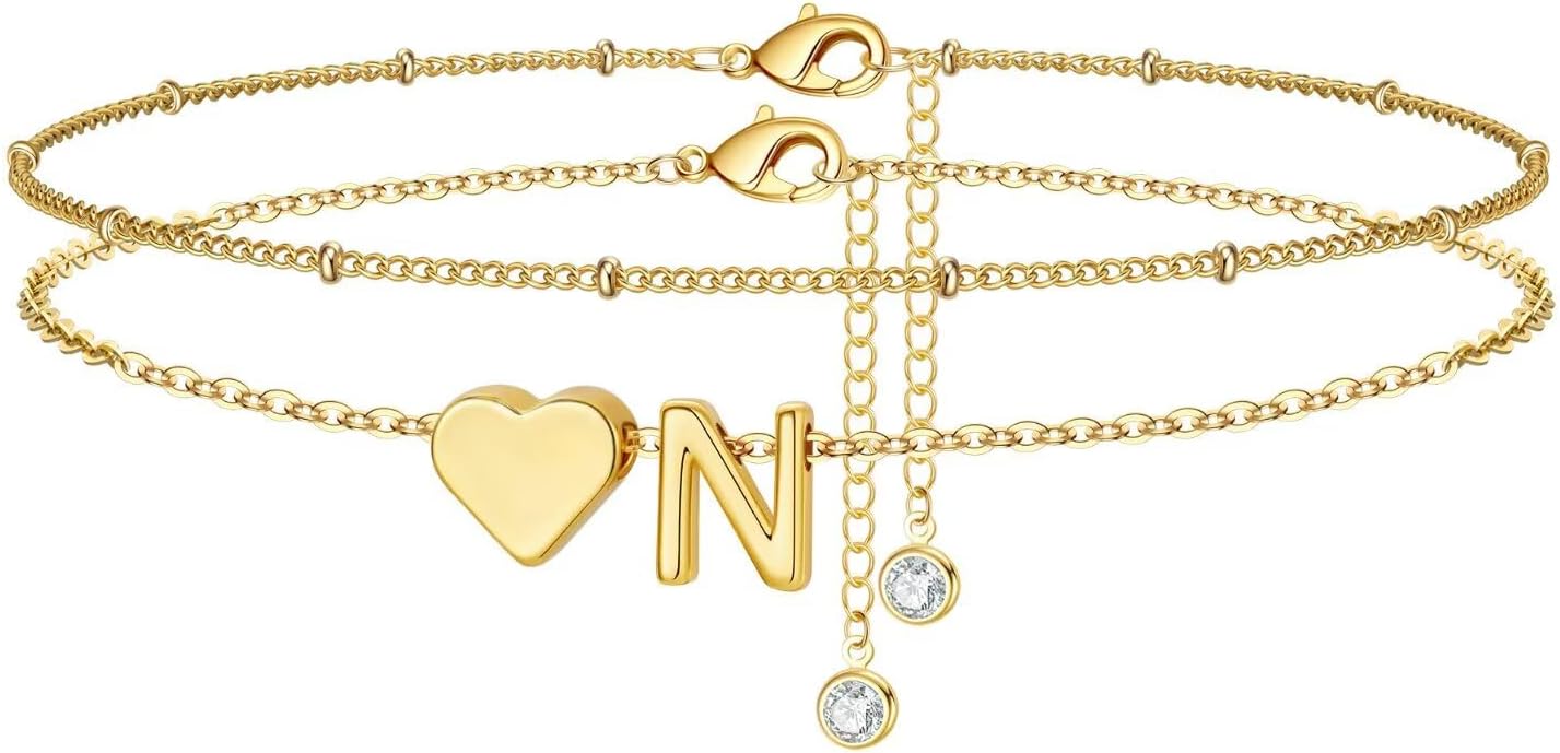 M MOOHAM Gold Initial Ankle Bracelets for Women - Layered Heart Letter A-Z Initial Dainty Gold Anklets for Women Waterproof, Womens Anklets Jewelry Birthday Gifts Jewelry