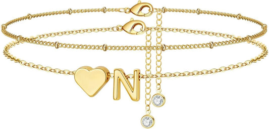 M MOOHAM Gold Initial Ankle Bracelets for Women - Layered Heart Letter A-Z Initial Dainty Gold Anklets for Women Waterproof, Womens Anklets Jewelry Birthday Gifts Jewelry