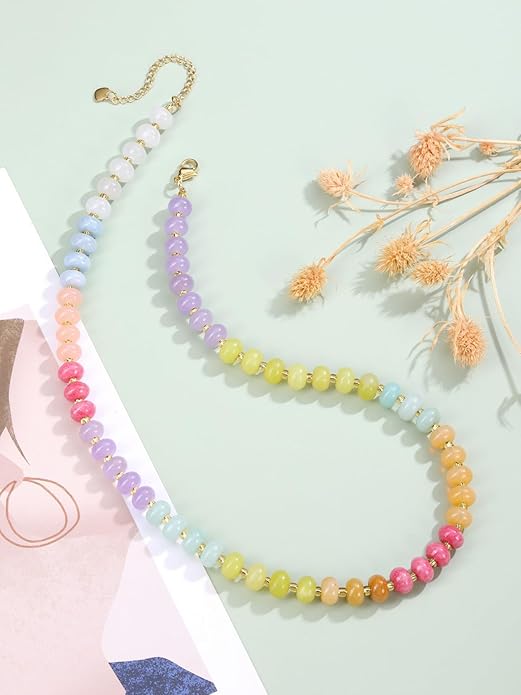 CrystalTears Beaded Gemstone Necklace for Women, Womens Colorful Boho Stone Bead Choker Necklace, Handmade Natural Crystal Stone Summer Beach Jewellery Gifts for Women Mom Christmas