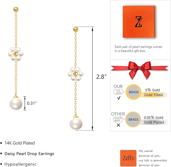 Zeffy Pearl Earrings for Women 14k Gold/Silver Pearl Drop Earrings Long White Pearl Tassel Dangle Statement Earrings Bridal Wedding Dainty Prom Earrings Birthday Gifts Jewelry