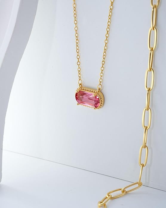 Lourny Gemstone Birthstone Pendant Layered Necklace for Women Trendy, 18K Gold Plated Paperclip Chain Preppy Choker Charm Necklace for Women Wife Jewelry