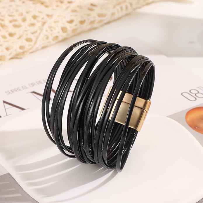 Edoneery Leather Wrap Bracelet for Women, Boho Handmade Multi-Layer Cuff with Crystal Beads Heart, Stackable Bangle Western Jewelry Gift