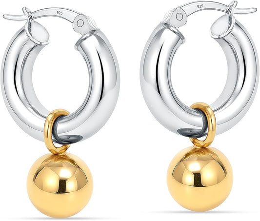 LeCalla 925 Sterling Silver Beaded Ball Hoop Earrings | Lightweight Sleeper Bead Ball Earring Hoops | Cape Style Hoop Earrings for Women