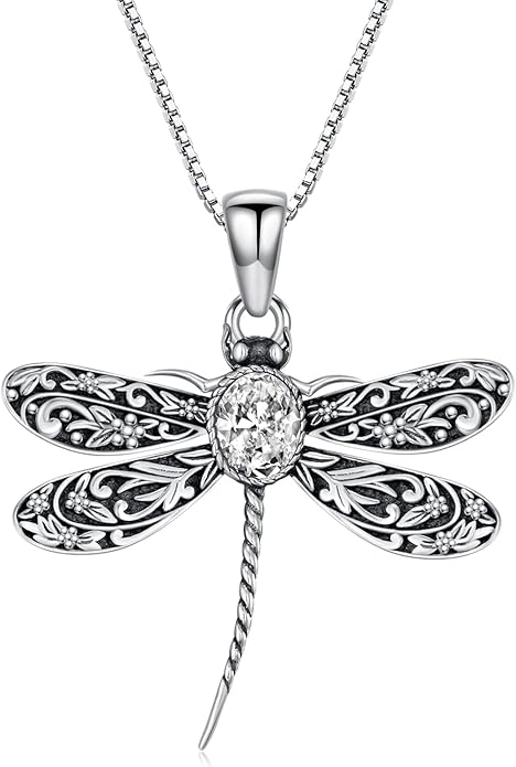 Vintage Dragonfly Necklace for Women 925 Sterling Silver, Oval Birthstone Dragonfly Pendant Boho Jewelry Birthday Gift for Her, Mom, Grandma