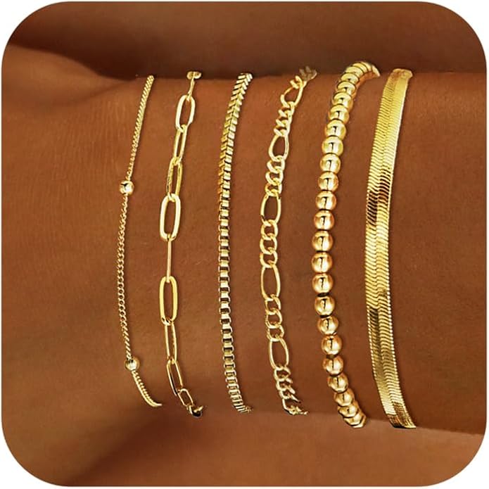 DEARMAY 14K Gold Plated Bracelets for Women Waterproof, Jewelry Sets Trendy Thin Dainty Stackable Cuban Link Paperclip Chain Bracelet Pack Fashion Accessories Gifts for Womens