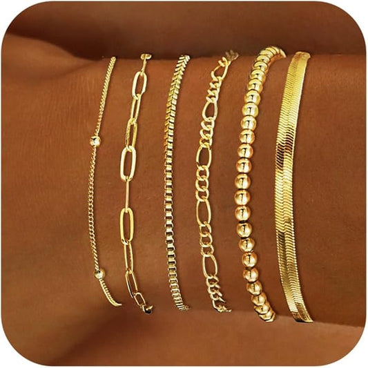 DEARMAY 14K Gold Plated Bracelets for Women Waterproof, Jewelry Sets Trendy Thin Dainty Stackable Cuban Link Paperclip Chain Bracelet Pack Fashion Accessories Gifts for Womens