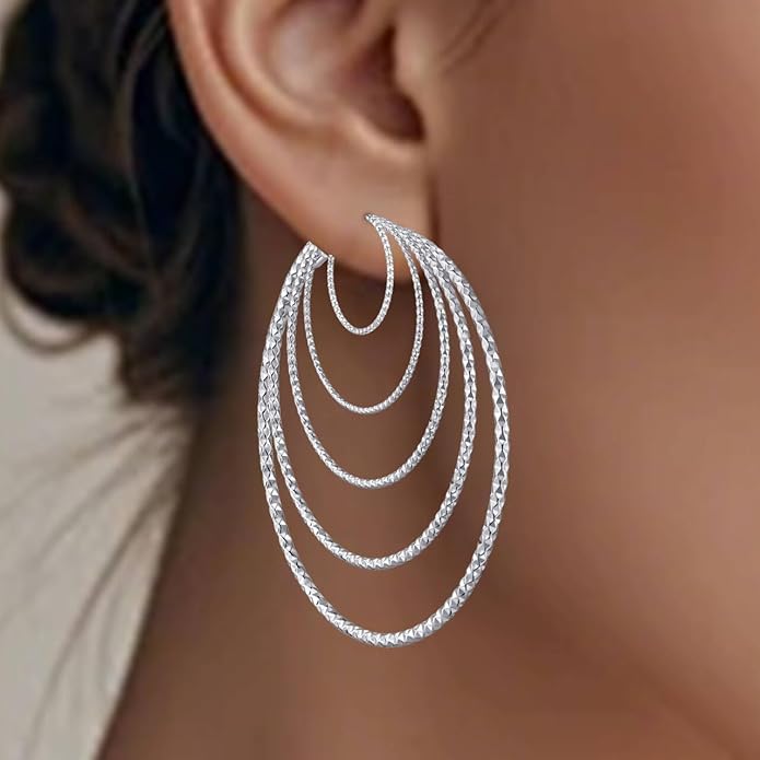 5/10 Pairs Stainless Steel Hoop Earrings for Women Hypoallergenic Large Small 14K Gold Plated Starry Sky Filigree Hoops Silver Plated Hoop Earring Pack Lightweight Fashion Earrings Set