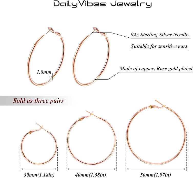 Big Gold Hoop Earrings for Women Hypoallergenic 925 Sterling Silver Post Thin Loop 14K Gold Plated Hoop Earrings Set for Women, 3 Pairs