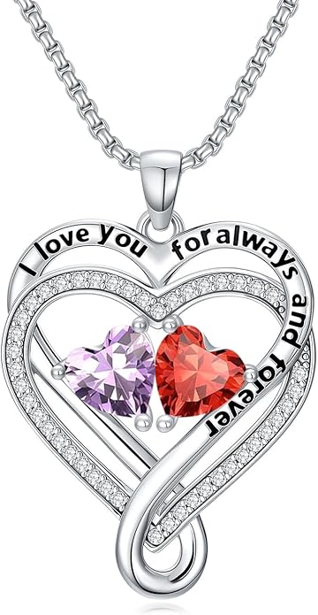 I Love You for Awlays and Forever Double Heart Necklace with Birthstone, 2 Birth Stone Jewelry Anniversary Valentines Mothers Day Christmas Birthday Gifts for Women Her Wife Girlfriend Mom Mother