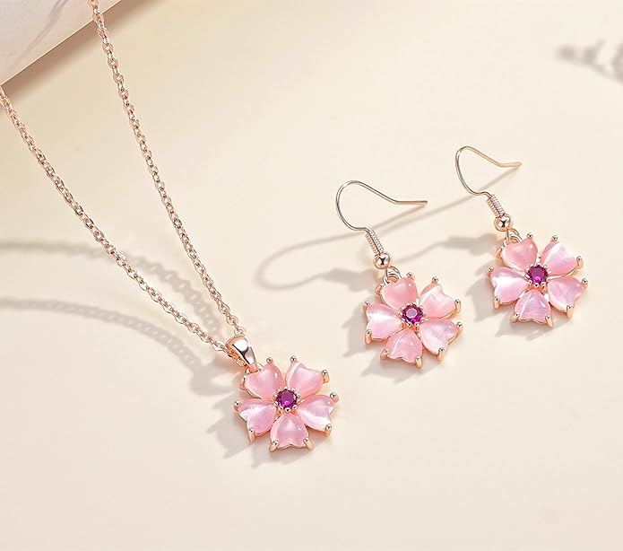 VONSSY Elegant Cherry Blossom Necklace Earrings Pink Cats Eye Flower Flora Sakura Gemstone Crystal Pendant 18k Gold Plated Chain Jewelry Set Gift for Woman Wife Girlfriend