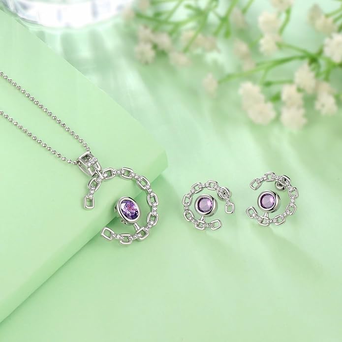 Ydou Elegant C-Shaped Crystal Necklaces/Stud Earrings Set with Birthstone Jewelry Set Silver Plated Fashion Jewelry for Women CS0003