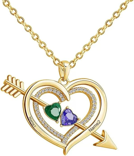 10K 14K 18K Solid Gold Personalized Name Birthstone Necklace for Couple, Real Gold Customized 2 Birthstone Heart Necklace Custom Any Name Valentine's Day Gifts for Her