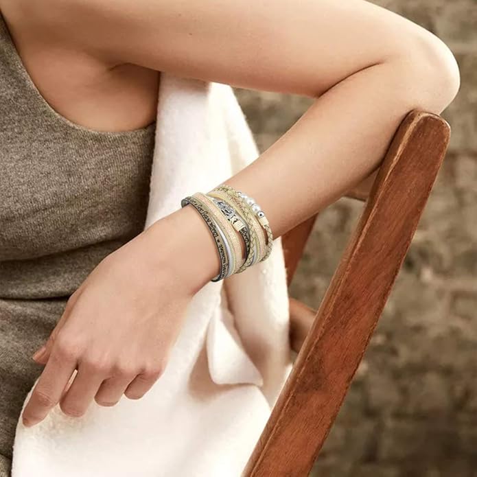 Emibele Layered Leather Bracelet, Rivet Leopard Print Bohemian Style Multilayer Wrap Bracelet, Handmade Agate Amethyst Chakra Crystal Glass Beaded Shell Bracelet for Women