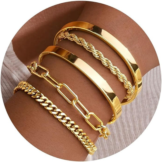 Gold Bracelets for Women Non Tarnish, 14K Gold Plated Chunky Cuff Bracelet Gold Bangles Bracelet for Women Trendy Tie Knot Cuban Rope Paperclip Beaded Bracelet Stack Jewelry Gifts