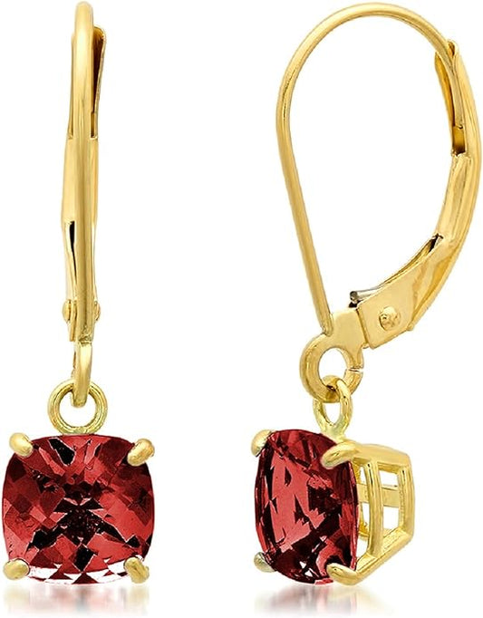 Solid 10K Gold Cushion Cut Dangle Gemstone Earrings for Women | 6mm Gemstone Birthstone Earrings | Checkerboard 10 Karat Gold Dangle Drop Leverback Earring for Women by MAX + STONE