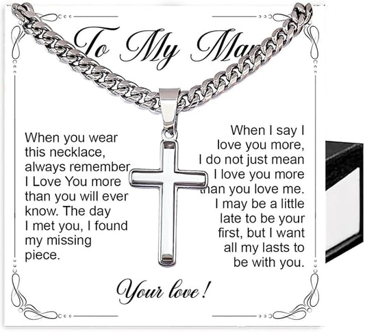 SUTERY Cross Cuban Chain Necklace - Promise Necklace for Him, Necklace for Boyfriend, Mens Necklace for Fiance, Valentine's Day