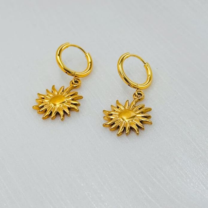 Sunburst Heart Dangle Hoop Earrings, 18K Gold Plated hypoallergenic Stainless Steel Cute Jewelry for Women daily Wear