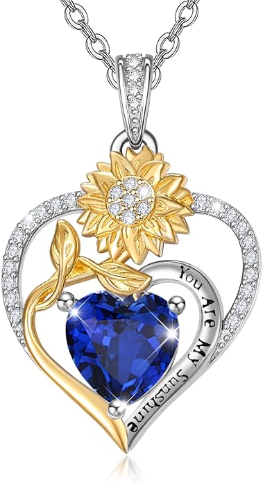 Zeuslia Double Birthstone Necklace Gifts for Wife - 925 Sterling Silver Sunflower/Rose/Crown Cross/Compass/Heart Pendant I Love You Necklace, Anniversary Birthday Gifts for Wife Girlfriend Mom Her