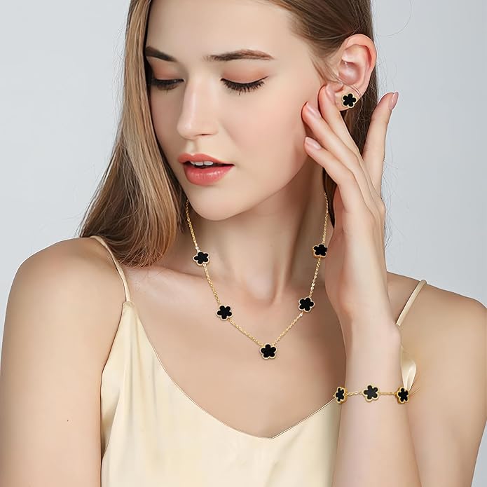 AmorArtSky Lucky Clover Jewelry Set - 18K Gold Plated Flower Design Five Leaf Bracelet, Necklace Pendant, Earrings for Women - Lucky Gifts for Mom, Wife, Daughter, Friends