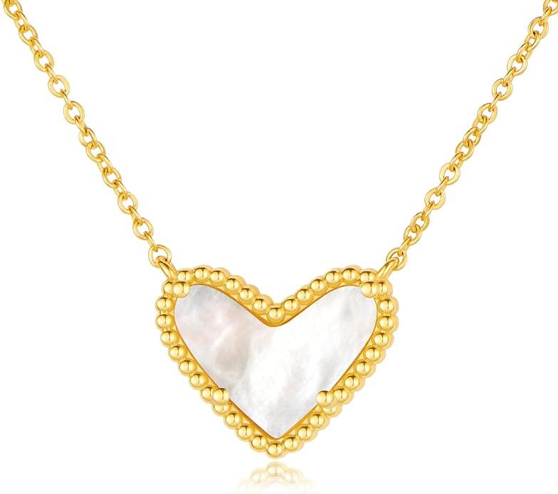 Heart Necklace for Women Dainty 14K Gold Filled Necklace Cute Heart Pendant Adjustable Chain Necklace Trendy Non Tarnish Gold Mother of Pearl Necklace for Wedding Christmas Valentines Day Gifts