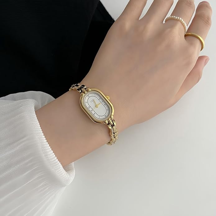 Women's Vintage Oval Watches Luxury Minimalism Bracelet Small Gold Tone Watch Ladies Analog Waterproof Watch Fashion Bangle Bracelet Dress Watch with Stainless Steel Band