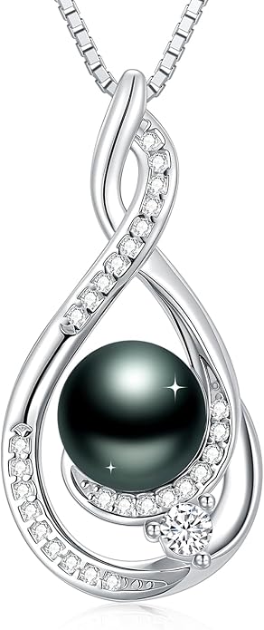 KANNSOAR Tahitian Black Pearl 18K White Gold Plated Sterling Silver Heart/Infinity/Four Leaf Clover Pendant Necklace Jewelry Gifts for Women Wife Mom Girlfriend Wedding Birthday Anniversary Christmas
