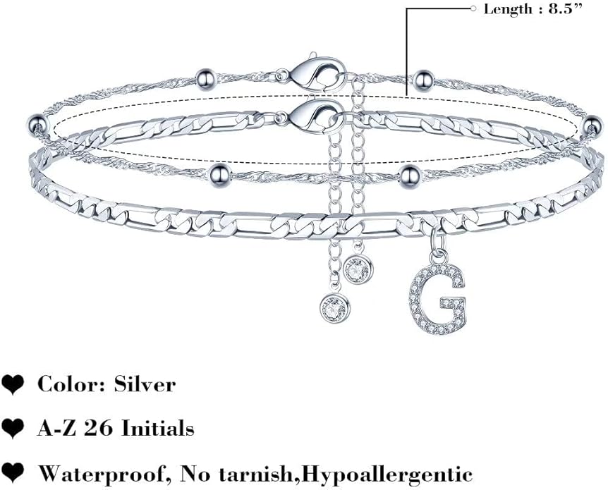 Ursteel Ankle Bracelets for Women, 14K Gold Plated Dainty Layered Chain CZ Initial Anklets Summer Jewelry Gifts for Women