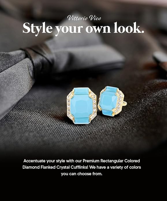 Rectangular Colored Diamond-Flanked Crystal Cuff Links – Tuxedo Suit Accessories, Cufflinks for Men