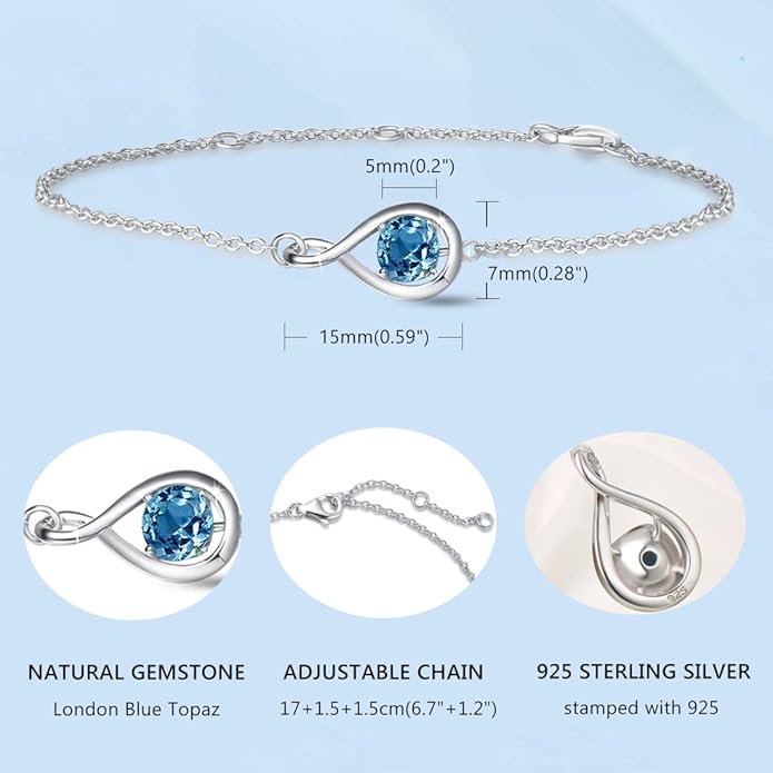 FANCIME Love Bracelet 925 Sterling Silver Infinity Birthstone Bracelets for Women Fine Jewelry Birthday Christmas Gifts for Her Mom Wife, Chain Length 6.7"+1.2" Extend