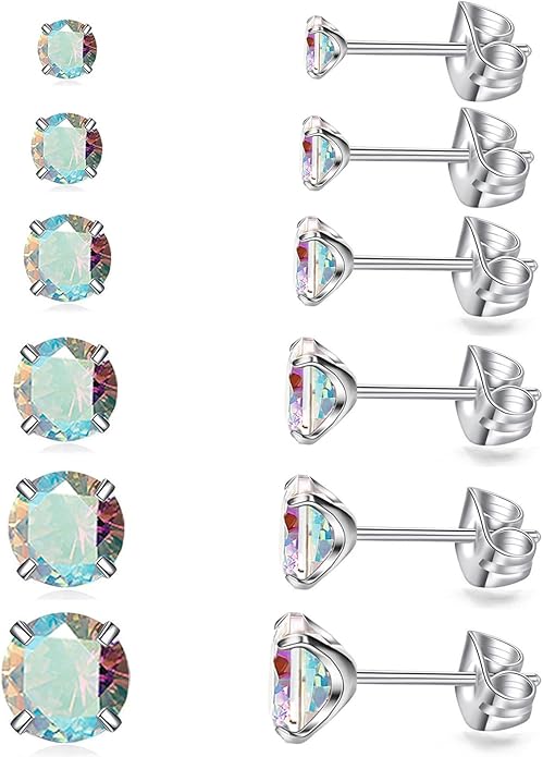 6 Pairs Stud Earrings Set, Hypoallergenic Cubic Zirconia Earrings 316L Stainless Steel CZ Earrings 3-8mm
