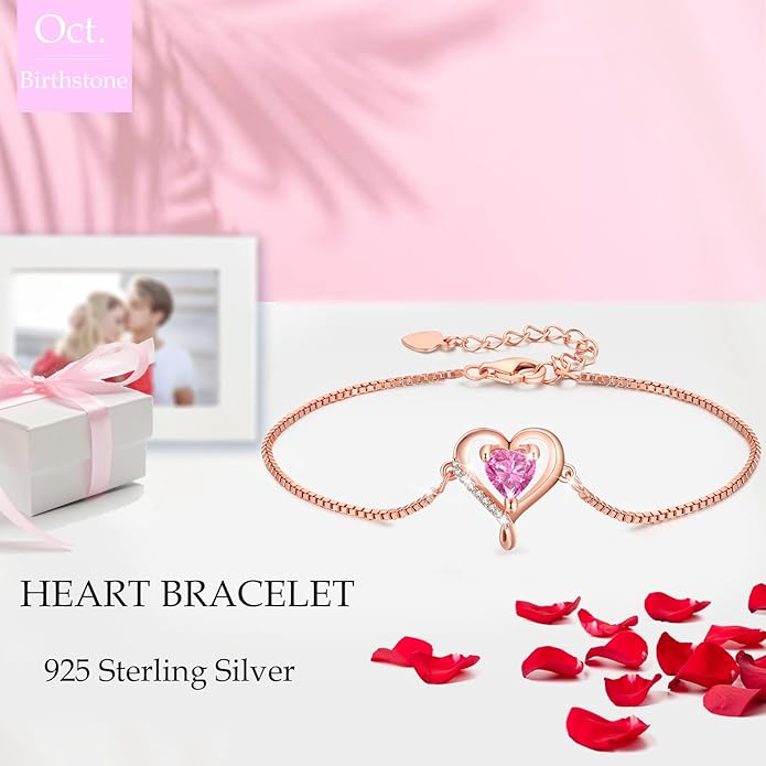 LAVUMO Love Heart Bracelets for Women 925 Silver Charm Birthstone Bracelet Adjustable Anniversary Birthday Jewelry Gifts for Women Girlfriend Wife Daughter Mom Her