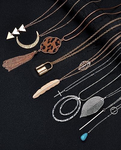 10Pcs Long Pendant Necklace Simple Moon Bar Three Triangle Tassel Lock Sweater Y Shape Punk Chain Choker Necklace for Women Men Gold Silver Plated