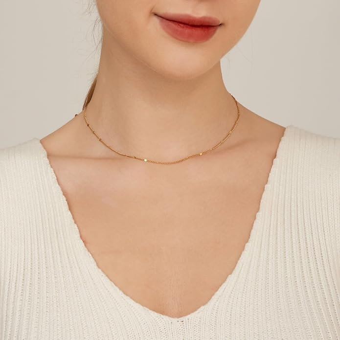 Gold Chain Necklace for Women Dainty 18K Gold Plated Thin Satellite Beaded Turquoise Necklace Simple Gold Boho Jewelry